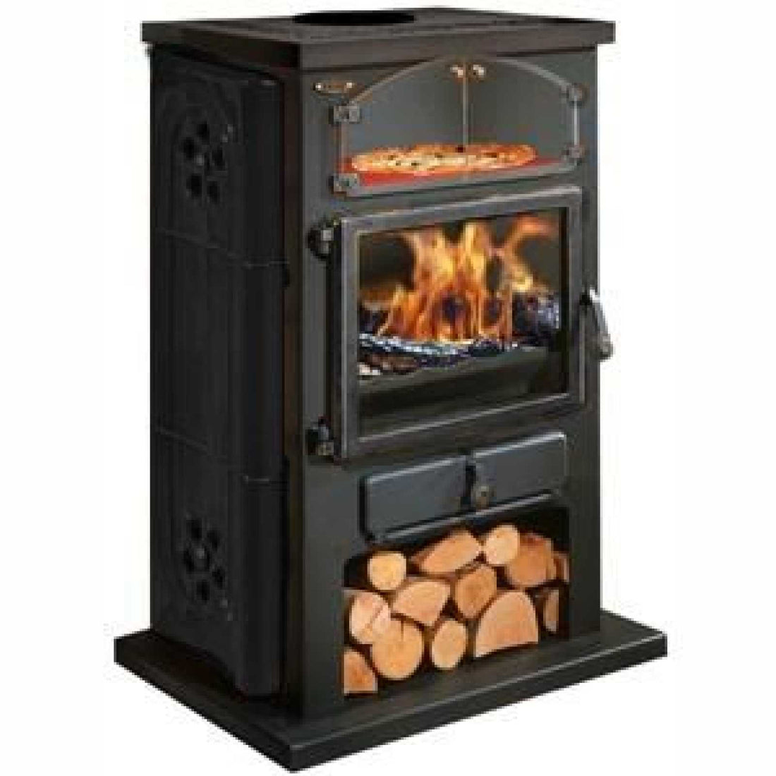 Chamonix XXL Holzofen, Keramikdekor, Messingtür, 12 kW